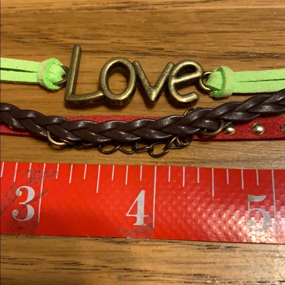 Friendship Bracelet green suede, red studded (#7)